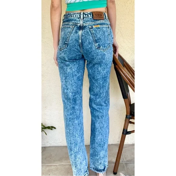 Vintage 80s EDWIN Acid Wash Blue Denim Jeans High Rise Straight Leg Raw Hem 32” - Picture 2 of 13